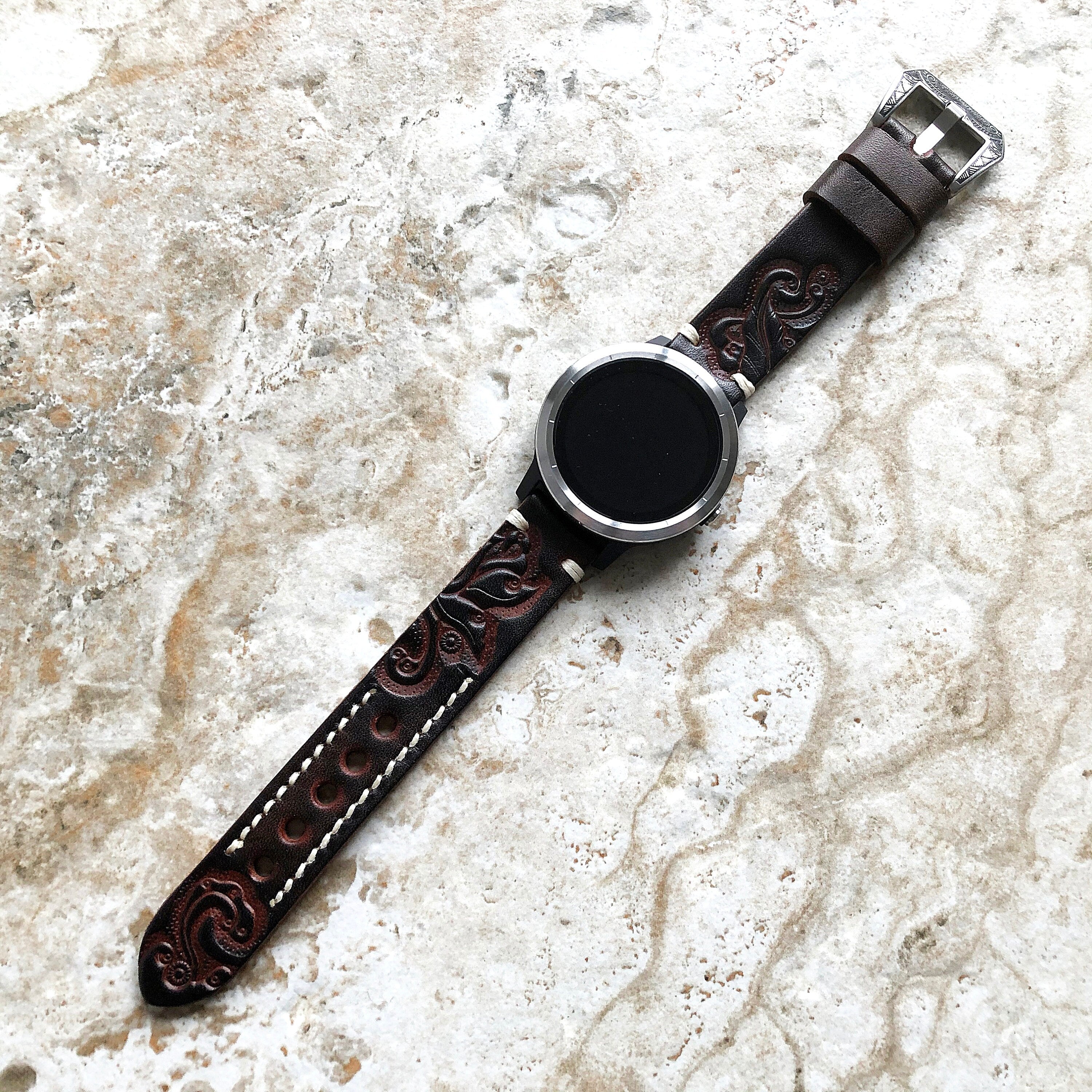 Garmin Dark Brown Band for Venu GPS Smartwatch Tooled Embossed Carved Engraved Handmade Premium Leather Strap Bracelet Pins Buckle Tool T20